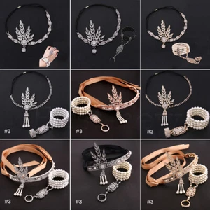1920s Pearl Headpiece Flapper Great Gatsby Rhinestone Headband Bracelet Ring Set - Picture 1 of 31