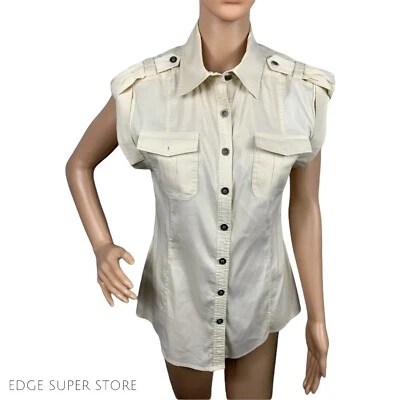 Blusa Top Camisa Bailey 44 Beige Tostado Bolsillo Utilidad Carga Botones Delanteros Pequeña Foto 1 de 4