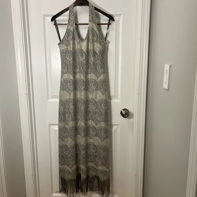 Alexandra Lee De Colección Mujeres Dorado, Maxi Vestido Talla Mediana Flecos Encaje Halter Años 90 Boho Foto 1 de 4