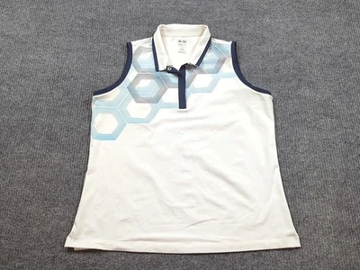 阿迪达斯衬衫女式 XL 白色蓝色 Polo 背心上衣高尔夫扣领无袖 — 第 1/4 张图片