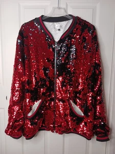 Plus Size 3XL Sequin Bomber Jacket Red Black Zipper Pockers NWT USA POWATT HIP - Picture 1 of 13