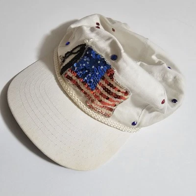 Sombrero de lentejuelas patriótico vintage de Estados Unidos bandera americana gorra con cuentas años 80 90 a presión Y2K blanco Foto 1 de 4