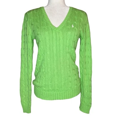 Polo Ralph Lauren S 100% Algodón Tejido con Cable Cuello en V Suéter Kelly Verde Pony Logo Foto 1 de 4