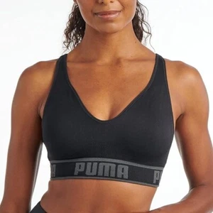 PUMA Womens Seamless Sports Bra Black Gray Medium Wire Free nwot - Picture 1 of 6