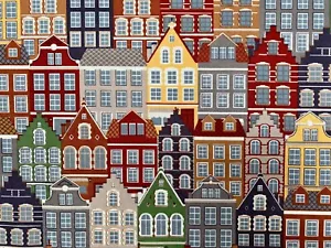 Cortina de tela para casa del canal de Ámsterdam estampado de varios pueblos 140 cm de ancho - Imagen 1 de 7