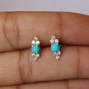 Arizona Turquoise Gemstone With Diamond Studs Earrings, In 18k Solid Yellow Gold - Picture 1 of 4