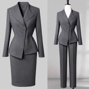 Women Grey Suit Asymmetrical Design Wide Label Jacket Trousers Wrap-Around Skirt - Picture 1 of 8