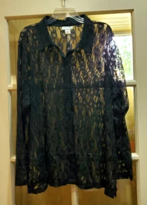 CW Classics 100% Nylon lace long sleeve top blouse coverup Black 2X Made India - Picture 1 of 3