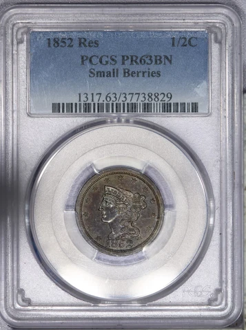 1852 Braided Hair Half Cent 1/2c PCGS PR63 PF63 BN Restrike Beautiful color! LB Cover