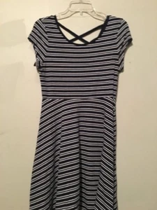 So Size L Navy Cream Stripe Girls Kids Flare Cross Back Dress Stylish - Picture 1 of 2