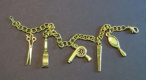 Hair Stylist Cosmetologist Charm Bracelet 24 Karat Gold Plate 8 Inch Blow Drier - Picture 1 of 7