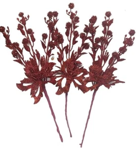 Set of 3 Glitter Flower Christmas Holiday Stem Picks to Accent Tree or Wreaths - Picture 1 of 2