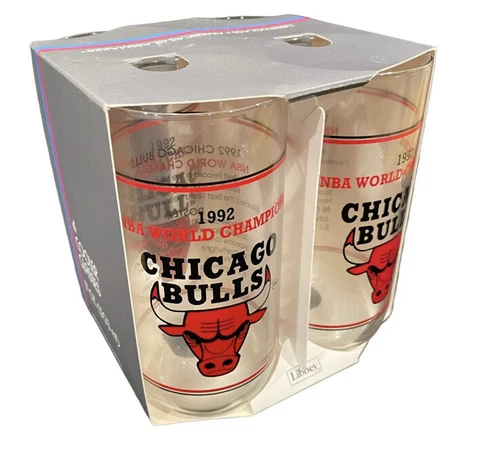 Vintage LIBBEY NIP Set 4 1992 CHICAGO BULLS Cooler Glasses World Champions 17 oz Cover