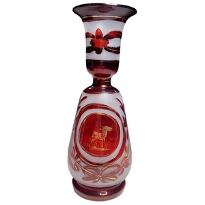 Ruby Red Bohemian Glass Vase Gold Deer and Bird Design Bud Vase Decor Handblown - Picture 1 of 14