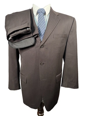 CALVIN KLEIN 男式棕色 PINSTRIPE 平前 2 件套 40S 夹克 35x28 裤子 — 第 1/4 张图片