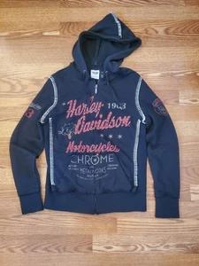 Harley Davidson Hoodie Women's Medium Zip Up Black Studded Thick Stitch Jacket - Picture 1 of 18
