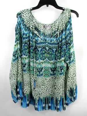 JENNIFER LOPEZ Pullover Tunic Blouse Women 2X Multicolor Boho Mosaic Peasant Tie - Image 1 of 4