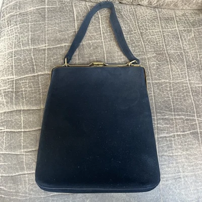 Vintage 50s Block Velvet Handbag Pocketbook Purse Small Black Top Handle Gold - Image 1 of 4