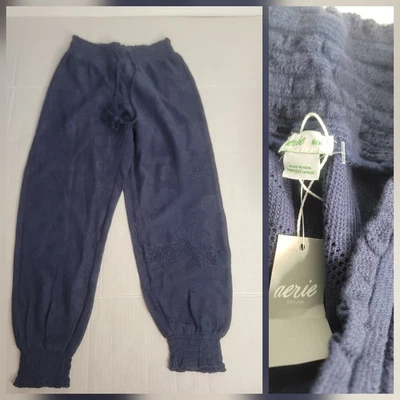Aerie Balloon Pants Sz Medium Pull On Sheer Fishnet High Waist Beachy Navy NEW - Image 1 of 4