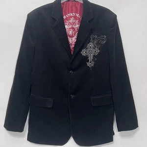 Franky Max schwarzer Cord Blazer Jacke bestickt Nieten Kreuz Design Herren Large - Bild 1 von 12