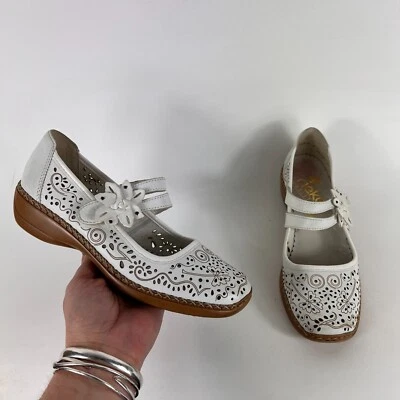 Rieker double mary jane women's size 5.5 white leather floral minimalist shoes - Image 1 of 4