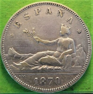 PROVISIONAL GOVERNMENT - 1st REPUBLIC, 2 Pesetas, 1870 * 18-74, Silver, SPAIN - Picture 1 of 2