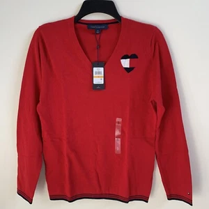 New Tommy Hilfiger Womens Heart Ivy V Neck Sweater Scarlet Size S - Picture 1 of 5