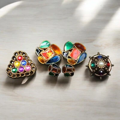 Vtg 6 Royal Colors Rhinestone Assorted Pop Art Buttons Shank Plastic Abstract - Image 1 of 4