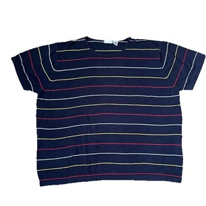Villager Signature A Liz Claiborne Company Navy Striped Knit Short Sleeve Shirt - Picture 1 of 4