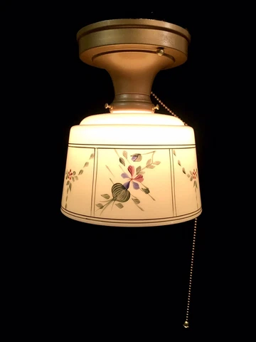 Vtg Floral Custard Glass Shade on Semi Flush Mount Brass Ceiling Fixture Rewired Cover