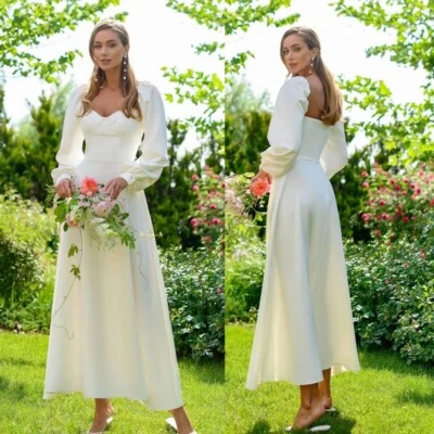 Elegante Vestido de Novia Blanco Marfil con Mangas Largas Línea A Simple Foto 1 de 4