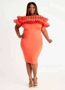 Women Plus Size Coral Ruffle off Shoulder Neckline Body-Con Dress. Size 18/20 . - Picture 1 of 4