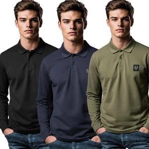 Belstaff Herren Designer Langarm Poloshirt Oberteil Patch Phenix Schwarz Logo - Bild 1 von 19