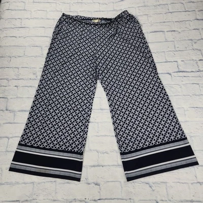 Michael Kors WOMENS SIZE XL Wide Leg Pants Navy Blue White Chain Print Pull On - Image 1 of 4