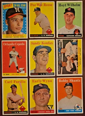 Lote 1958 Topps Salón de la fama (9) Koufax Cepeda RC Mays Snider Reese Mathews ¡MÁS! L/M Gr Foto 1 de 2