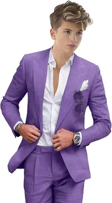 Traje de verano de playa de lino para niños adolescentes niños solapa pico calce ajustado abrigo formal pantalón Foto 1 de 4