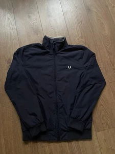 Fred Perry Bomber Jacket Men’s Small Navy Full-Zip Harrington Logo Cotton - Picture 1 of 3