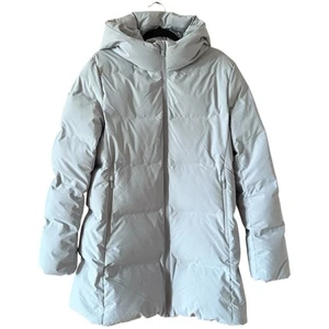 Uniqlo Coat Women Size L Grey Quilted Duck Down Puffer Coat Hood Lined Pockets - Picture 1 of 14