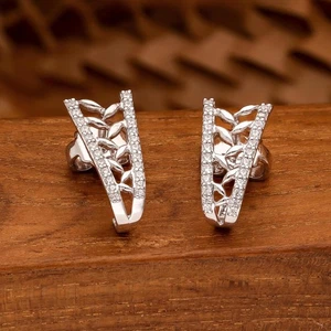 925 Silver Leaf Design Hoop Earrings Nature Inspired Openwork Hoops with CZ - Picture 1 of 8