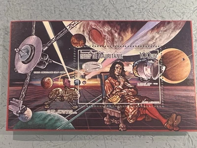 Hoja de recuerdo de exploración espacial Mauritania años 70 100 UM MNH Voyager Galileo Foto 1 de 2
