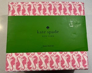 New Kate Spade White Pink Seahorses Beach Cotton Percale Coastal Queen Sheet Set - Picture 1 of 4