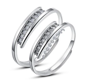925 Sterling Silver Couple White Gold Plated CZ Adjustable Open Promise Ring  - Picture 1 of 19