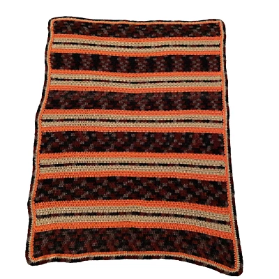 Hand Crochet Afgan Lap Blanket Throw 58 x 44 Fall Colors Orange Brown Boho EUC - Image 1 of 4