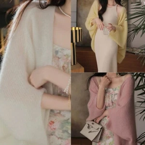 Solid Knitted Curved Hem Cardigans Women Batwing Sleeve Open Front Sweater Shrug - Picture 1 of 11