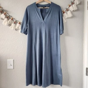 Repeat Cotton Blend Vneck Blue Knit Midi Shirtdress Minimalist Lagenlook Basic M - Picture 1 of 11