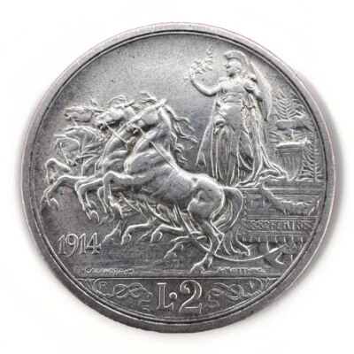 Italy 2 Lire, 1914 R, Quadriga, Vittorio Emanuele III, Silver KM#55 10gr A051 - Image 1 of 2