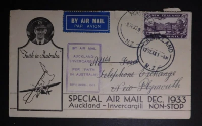 1933 Auckland New Zealand First Flight Cover FFC To Invercargill Faith in Austra - image 1 of 2