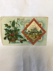 Antike Weihnachts Postkarte Stechpalme Schneeglöckchen und Pastoralszene - Bild 1 von 2
