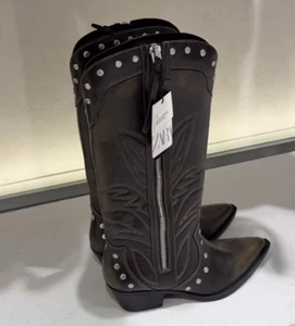ZARA BNWT 2025. BROWN COWBOY STUDDED BOOTS KNEE HIGH. 3030/510/700 - Picture 1 of 9