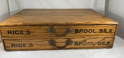Antique Rice's Spool Silk Cabinet - 2 Drawers - All Original - Oak Dovetail 14½" Cover